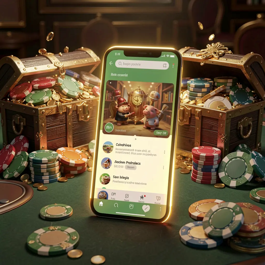 Glowing smartphone displaying NKJI Casino APK app layout with treasure chest, chips, and coins nearby in a luxury 3D render