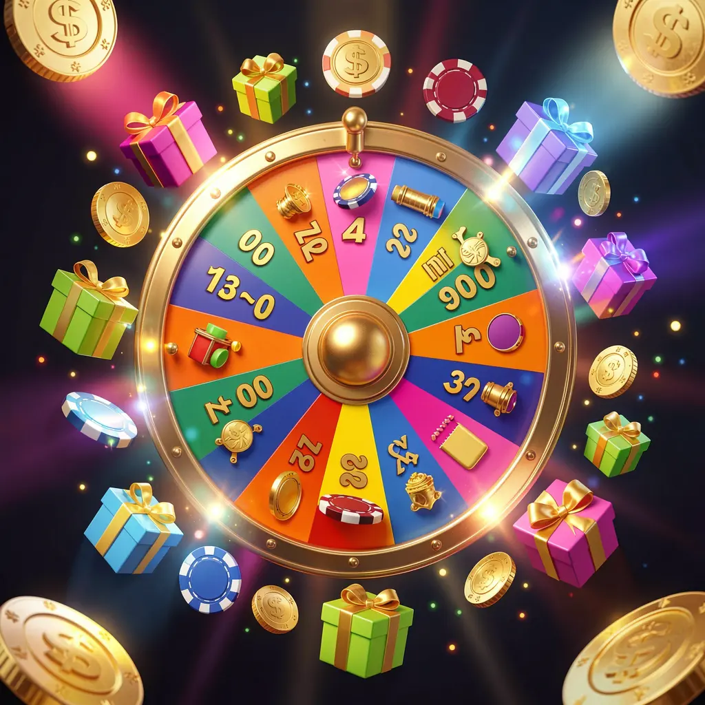 NKJI online casino bonus wheel with colorful prize wheel surrounded by golden coins, chips, and gift boxes, glowing casino lights creating an exciting jackpot atmosphere on a dark background