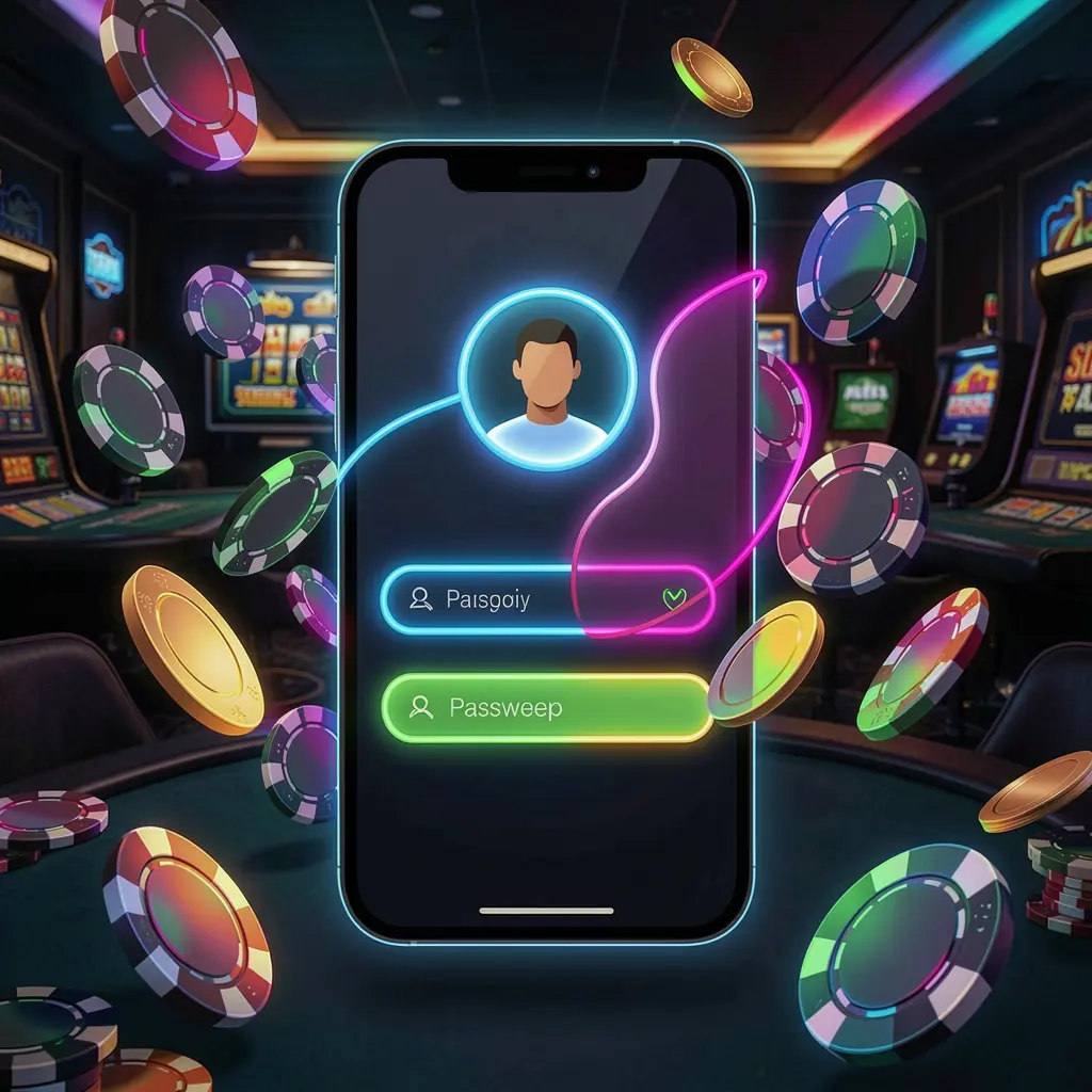 NKJI mobile casino login screen on phone with user profile and password fields as abstract UI shapes, neon glow, chips and coins flying around in a dark premium casino atmosphere