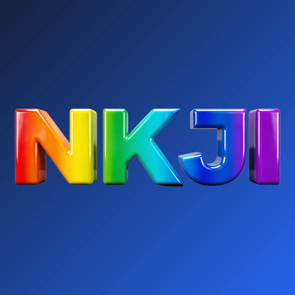 3D logo of NKJI with oversized bold font in colorful rainbow gradient and glossy plastic texture, featuring strong shadows and highlights on a transparent background, designed as a wide horizontal rectangular wordmark for website header
