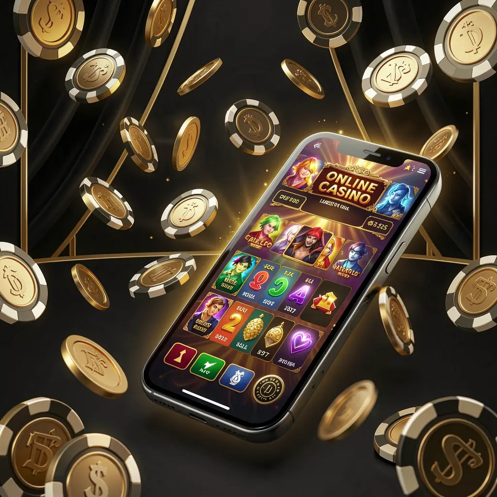 NKJI modern online casino main page on smartphone with glowing gaming interface, flying coins and chips in a black and gold luxury atmosphere